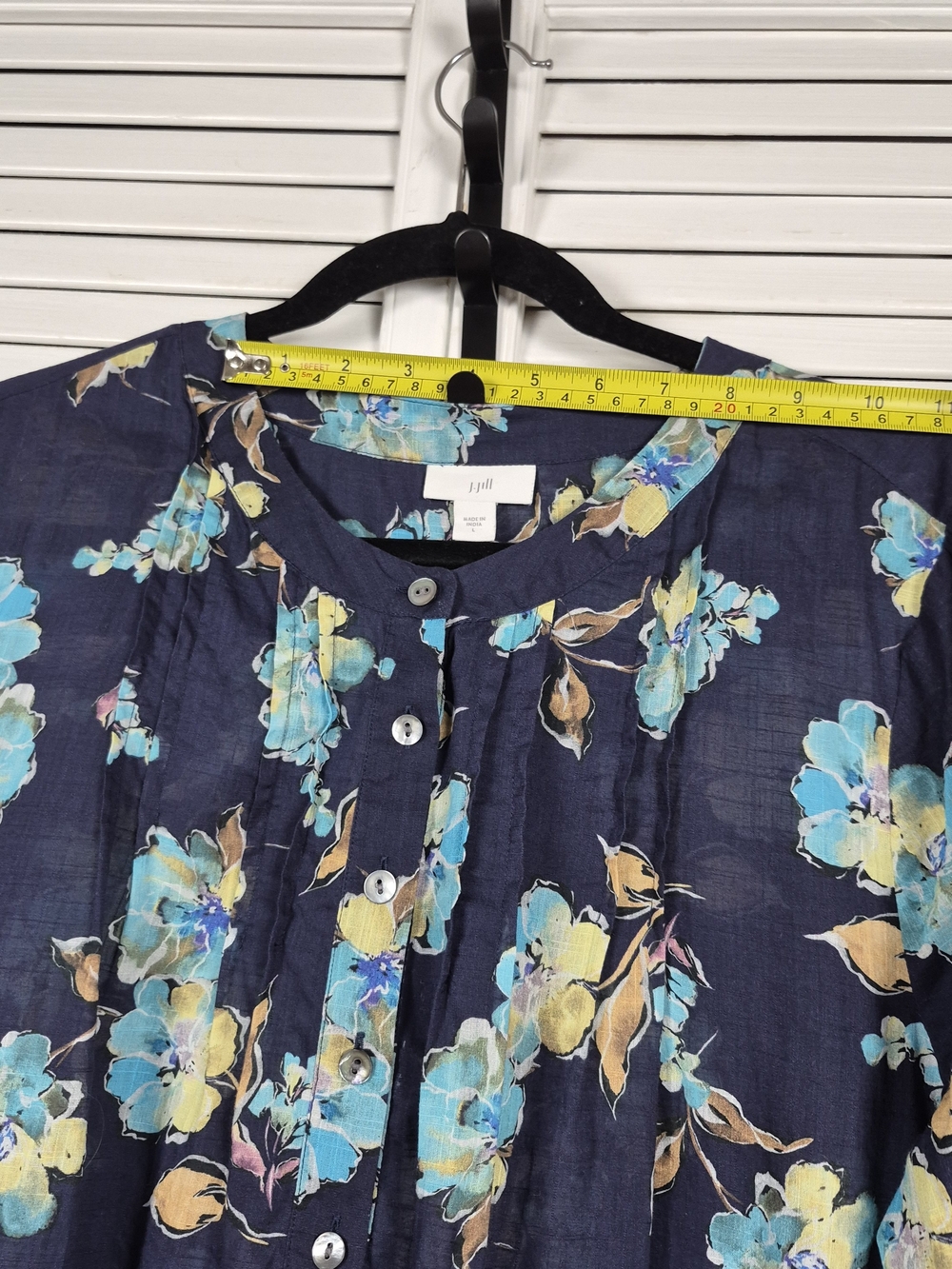 J. Jill 100% Cotton Floral Blouse Women's Large Blue 3/4 Sleeve Peasant Top - Picture 9 of 10